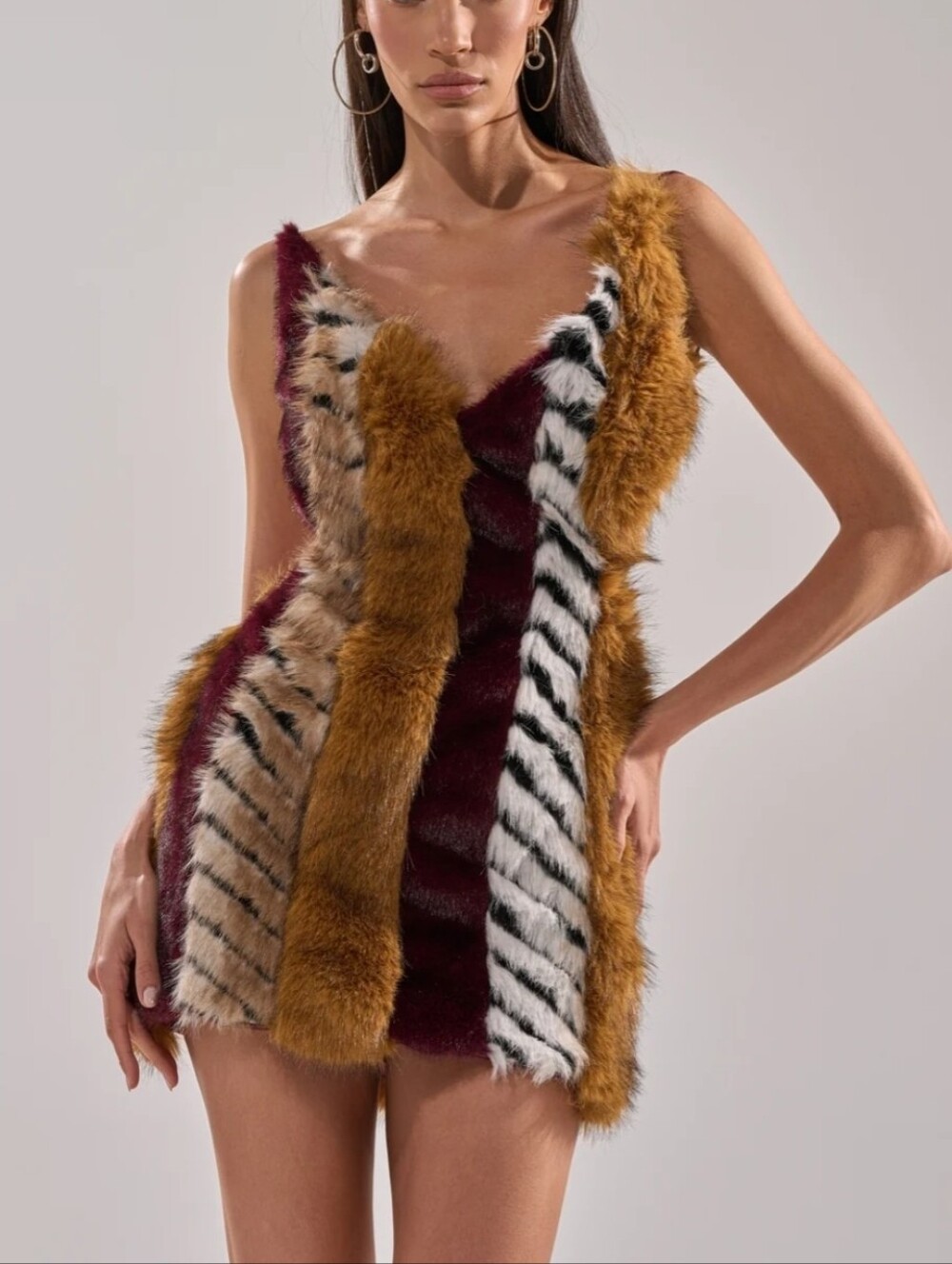 Faux Fur Stripe Mini Dress in Burgundy, Tan and Cream Sz L